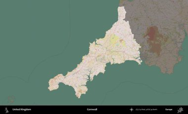 Cornwall 'da. Birleşik Krallık 'ın idari alanı koyu renk bir OpenStreetMap Standart Haritası üzerine vurgulanmış ve özetlenmiştir