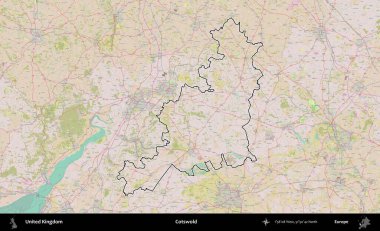 Cotswold. Birleşik Krallık 'ın bir OpenStreetMap Standart biçim haritasında özetlenmiş idari alanı