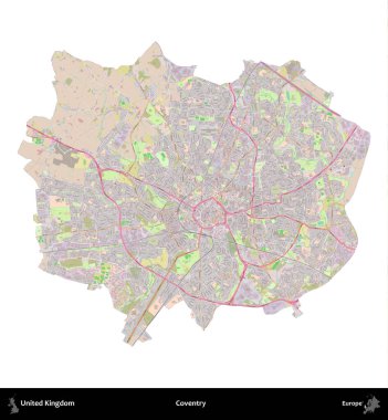 Coventry. Birleşik Krallık 'ın idari alanı OpenStreetMap Standart biçim haritasında beyazda izole edildi