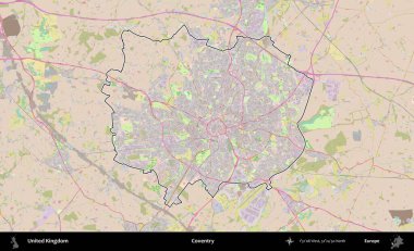 Coventry. Birleşik Krallık 'ın bir OpenStreetMap Standart biçim haritasında özetlenmiş idari alanı