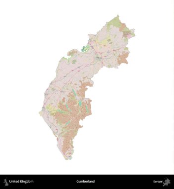 Cumberland. Birleşik Krallık 'ın idari alanı OpenStreetMap Standart biçim haritasında beyazda izole edildi