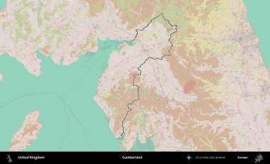 Cumberland. Birleşik Krallık 'ın bir OpenStreetMap Standart biçim haritasında özetlenmiş idari alanı