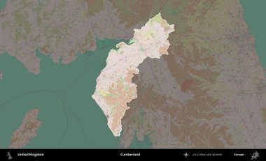 Cumberland. Birleşik Krallık 'ın idari alanı koyu renk bir OpenStreetMap Standart Haritası üzerine vurgulanmış ve özetlenmiştir