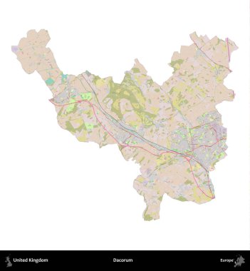 Dacorum. Birleşik Krallık 'ın idari alanı OpenStreetMap Standart biçim haritasında beyazda izole edildi