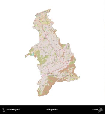 Denbighshire 'da. Birleşik Krallık 'ın idari alanı OpenStreetMap Standart biçim haritasında beyazda izole edildi