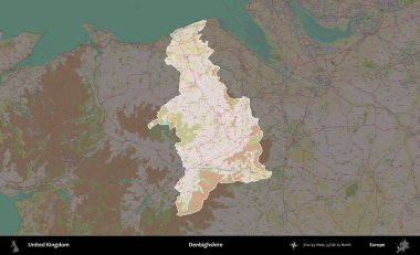 Denbighshire 'da. Birleşik Krallık 'ın idari alanı koyu renk bir OpenStreetMap Standart Haritası üzerine vurgulanmış ve özetlenmiştir