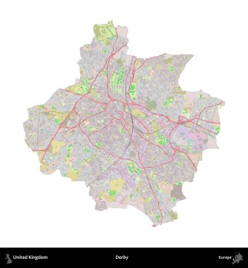 Derbi. Birleşik Krallık 'ın idari alanı OpenStreetMap Standart biçim haritasında beyazda izole edildi