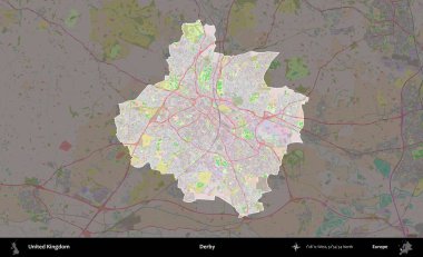 Derbi. Birleşik Krallık 'ın idari alanı koyu renk bir OpenStreetMap Standart Haritası üzerine vurgulanmış ve özetlenmiştir