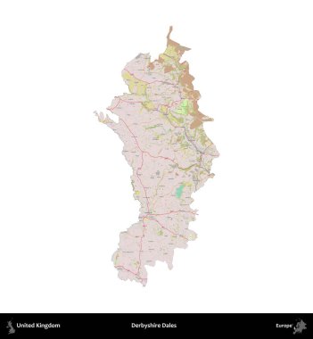 Derbyshire Dales. Birleşik Krallık 'ın idari alanı OpenStreetMap Standart biçim haritasında beyazda izole edildi