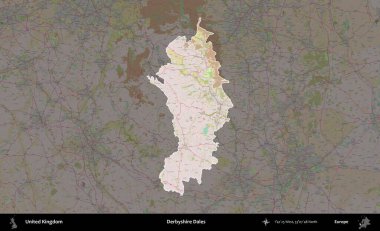 Derbyshire Dales. Birleşik Krallık 'ın idari alanı koyu renk bir OpenStreetMap Standart Haritası üzerine vurgulanmış ve özetlenmiştir