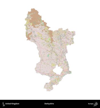 Derbyshire 'da. Birleşik Krallık 'ın idari alanı OpenStreetMap Standart biçim haritasında beyazda izole edildi