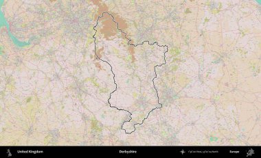 Derbyshire 'da. Birleşik Krallık 'ın bir OpenStreetMap Standart biçim haritasında özetlenmiş idari alanı