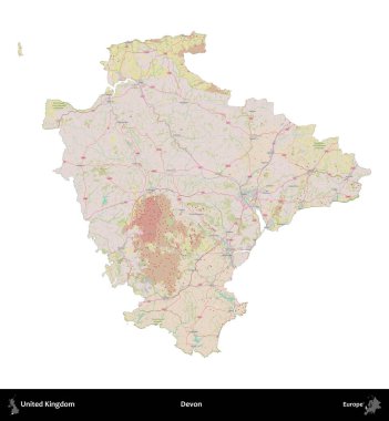 Devon. Birleşik Krallık 'ın idari alanı OpenStreetMap Standart biçim haritasında beyazda izole edildi