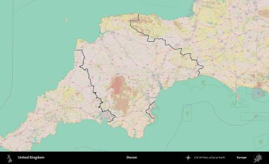 Devon. Birleşik Krallık 'ın bir OpenStreetMap Standart biçim haritasında özetlenmiş idari alanı