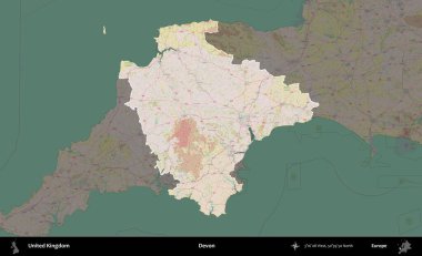 Devon. Birleşik Krallık 'ın idari alanı koyu renk bir OpenStreetMap Standart Haritası üzerine vurgulanmış ve özetlenmiştir
