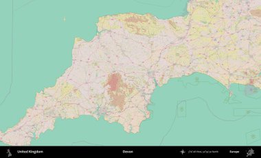 Devon. OpenStreetMap Standart biçim haritasında Birleşik Krallık 'ın idari alanı
