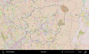 Doncaster 'da. Birleşik Krallık 'ın bir OpenStreetMap Standart biçim haritasında özetlenmiş idari alanı