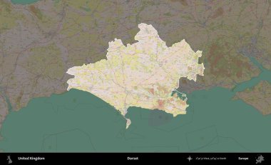 Dorset. Birleşik Krallık 'ın idari alanı koyu renk bir OpenStreetMap Standart Haritası üzerine vurgulanmış ve özetlenmiştir