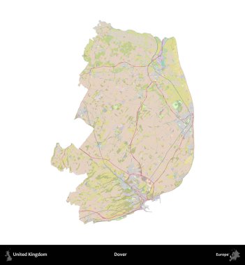 Dover. Birleşik Krallık 'ın idari alanı OpenStreetMap Standart biçim haritasında beyazda izole edildi