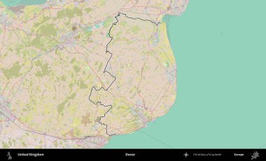 Dover. Birleşik Krallık 'ın bir OpenStreetMap Standart biçim haritasında özetlenmiş idari alanı