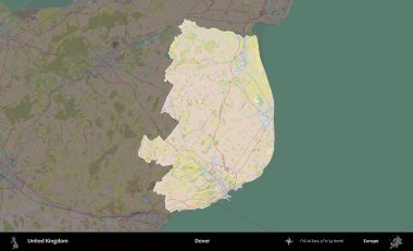 Dover. Birleşik Krallık 'ın idari alanı koyu renk bir OpenStreetMap Standart Haritası üzerine vurgulanmış ve özetlenmiştir