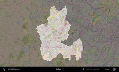 Dudley. Birleşik Krallık 'ın idari alanı koyu renk bir OpenStreetMap Standart Haritası üzerine vurgulanmış ve özetlenmiştir