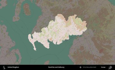Dumfries ve Galloway. Birleşik Krallık 'ın idari alanı koyu renk bir OpenStreetMap Standart Haritası üzerine vurgulanmış ve özetlenmiştir