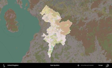 Doğu Ayrshire. Birleşik Krallık 'ın idari alanı koyu renk bir OpenStreetMap Standart Haritası üzerine vurgulanmış ve özetlenmiştir