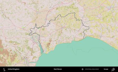 Doğu Devon. Birleşik Krallık 'ın bir OpenStreetMap Standart biçim haritasında özetlenmiş idari alanı