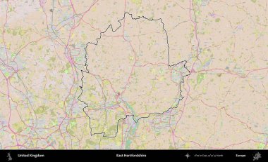 Doğu Hertfordshire. Birleşik Krallık 'ın bir OpenStreetMap Standart biçim haritasında özetlenmiş idari alanı