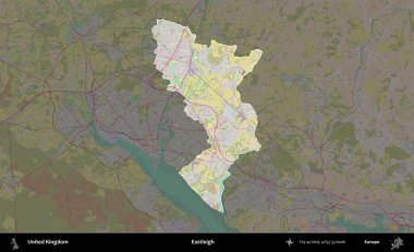Eastleigh 'de. Birleşik Krallık 'ın idari alanı koyu renk bir OpenStreetMap Standart Haritası üzerine vurgulanmış ve özetlenmiştir