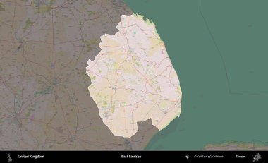 Doğu Lindsey. Birleşik Krallık 'ın idari alanı koyu renk bir OpenStreetMap Standart Haritası üzerine vurgulanmış ve özetlenmiştir