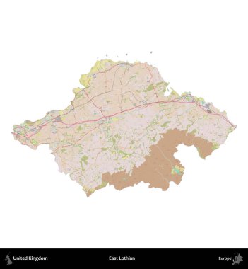 Doğu Lothian. Birleşik Krallık 'ın idari alanı OpenStreetMap Standart biçim haritasında beyazda izole edildi