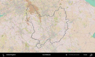Doğu Midlands. Birleşik Krallık 'ın bir OpenStreetMap Standart biçim haritasında özetlenmiş idari alanı