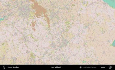 Doğu Midlands. OpenStreetMap Standart biçim haritasında Birleşik Krallık 'ın idari alanı