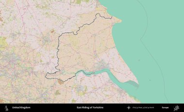 Yorkshire 'ın Doğu Biniciliği. Birleşik Krallık 'ın bir OpenStreetMap Standart biçim haritasında özetlenmiş idari alanı