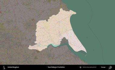 Yorkshire 'ın Doğu Biniciliği. Birleşik Krallık 'ın idari alanı koyu renk bir OpenStreetMap Standart Haritası üzerine vurgulanmış ve özetlenmiştir