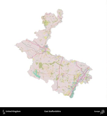 Doğu Staffordshire. Birleşik Krallık 'ın idari alanı OpenStreetMap Standart biçim haritasında beyazda izole edildi