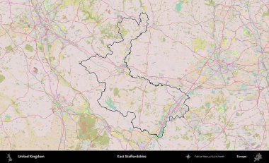 Doğu Staffordshire. Birleşik Krallık 'ın bir OpenStreetMap Standart biçim haritasında özetlenmiş idari alanı