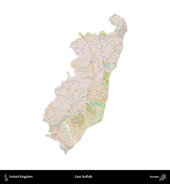Doğu Suffolk. Birleşik Krallık 'ın idari alanı OpenStreetMap Standart biçim haritasında beyazda izole edildi