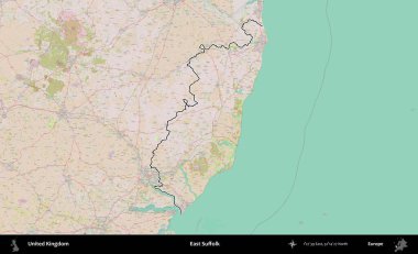 Doğu Suffolk. Birleşik Krallık 'ın bir OpenStreetMap Standart biçim haritasında özetlenmiş idari alanı