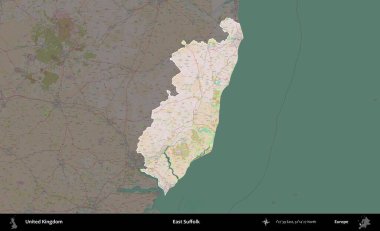 Doğu Suffolk. Birleşik Krallık 'ın idari alanı koyu renk bir OpenStreetMap Standart Haritası üzerine vurgulanmış ve özetlenmiştir