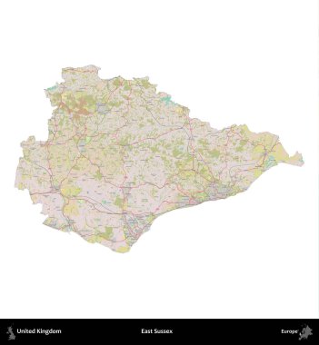 Doğu Sussex. Birleşik Krallık 'ın idari alanı OpenStreetMap Standart biçim haritasında beyazda izole edildi