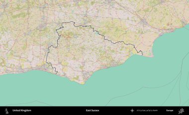 Doğu Sussex. Birleşik Krallık 'ın bir OpenStreetMap Standart biçim haritasında özetlenmiş idari alanı