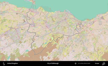 Edinburgh şehri. Birleşik Krallık 'ın bir OpenStreetMap Standart biçim haritasında özetlenmiş idari alanı
