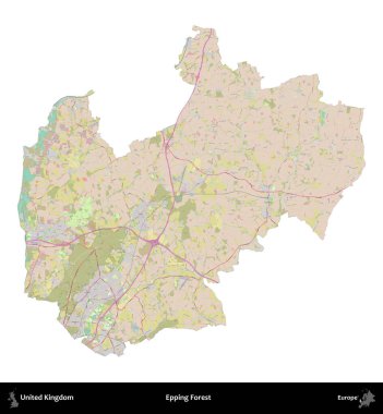 Epping Ormanı. Birleşik Krallık 'ın idari alanı OpenStreetMap Standart biçim haritasında beyazda izole edildi