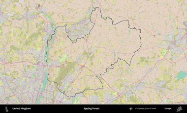 Epping Ormanı. Birleşik Krallık 'ın bir OpenStreetMap Standart biçim haritasında özetlenmiş idari alanı