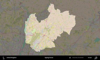 Epping Ormanı. Birleşik Krallık 'ın idari alanı koyu renk bir OpenStreetMap Standart Haritası üzerine vurgulanmış ve özetlenmiştir