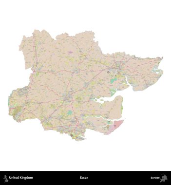 Essex. Birleşik Krallık 'ın idari alanı OpenStreetMap Standart biçim haritasında beyazda izole edildi