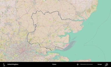 Essex. Birleşik Krallık 'ın bir OpenStreetMap Standart biçim haritasında özetlenmiş idari alanı